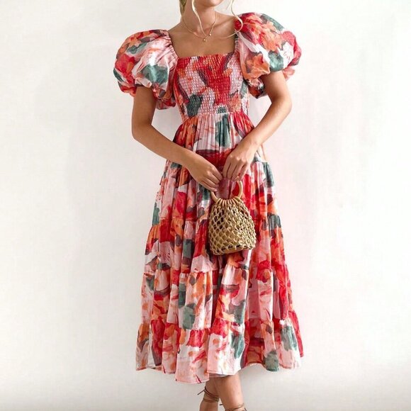 Dresses & Skirts - Red Casual Women's Off Shoulder Puff Sleeve Floral Print Dress